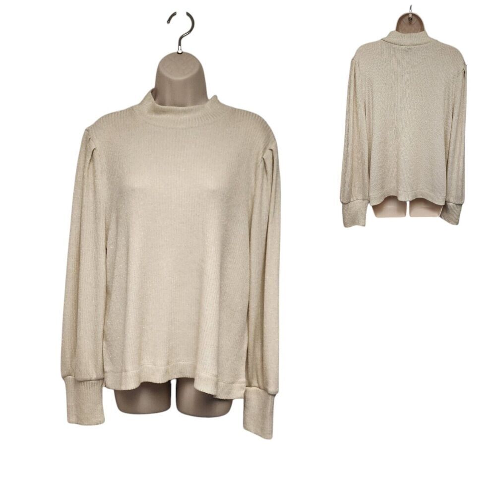 LOFT Women's Long Balloon Sleeve Pullover Gold Metallic Cream Sweater Size XL